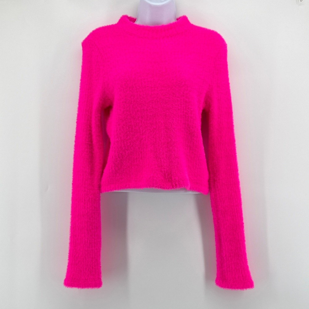 By Anthropologie Neon Pink Fuzzy Sweater Eyelash Mock Neck Cropped Knit Top M - Picture 2 of 9